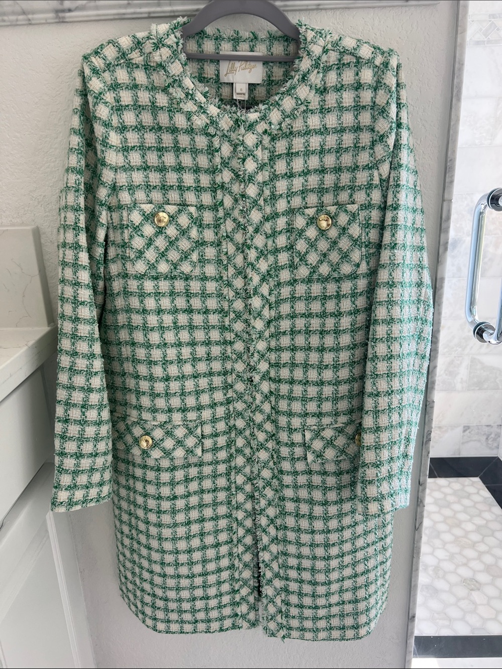 Lilly Pulitzer Kaylor Green & White Tweed Long Blazer with Gold Buttons